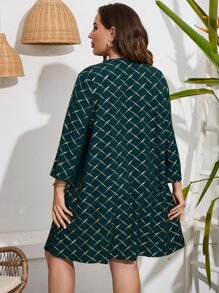 SHEIN LUNE Vestido túnico dorado con estampado geométrico de manga enrollada con botón - Multicolor - Ver 2