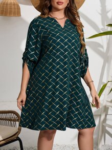 SHEIN LUNE Vestido túnico dorado con estampado geométrico de manga enrollada con botón - Multicolor - Ver 4