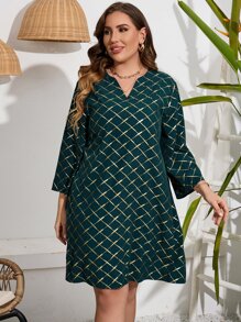 SHEIN LUNE Vestido túnico dorado con estampado geométrico de manga enrollada con botón - Multicolor - Ver 5