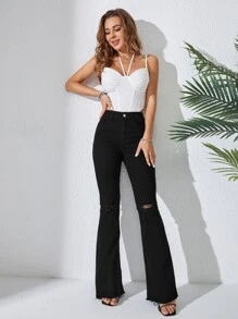 Ripped Raw Cut Flare Leg Jeans - Black - View 1