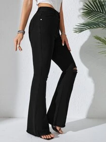 Ripped Raw Cut Flare Leg Jeans - Black - View 4