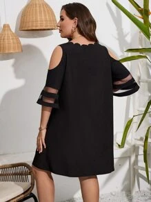 SHEIN LUNE Plus Cold Shoulder Scallop Trim Contrast Mesh Dress - Black - View 2