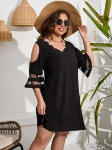 SHEIN LUNE Plus Cold Shoulder Scallop Trim Contrast Mesh Dress - Black - View 5