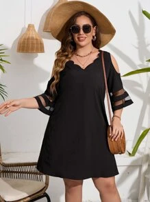 SHEIN LUNE Plus Cold Shoulder Scallop Trim Contrast Mesh Dress - Black - View 6