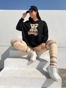 SHEIN EZwear Plus Bear & Plaid Print Drop Shoulder Hoodie & Leggings - Multicolor - View 1