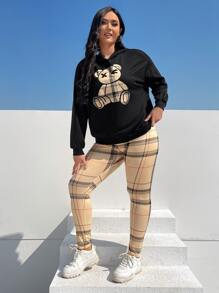 SHEIN EZwear Plus Bear & Plaid Print Drop Shoulder Hoodie & Leggings - Multicolor - View 3