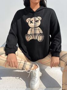 SHEIN EZwear Plus Bear & Plaid Print Drop Shoulder Hoodie & Leggings - Multicolor - View 4