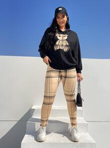 SHEIN EZwear Plus Bear & Plaid Print Drop Shoulder Hoodie & Leggings - Multicolor - View 5