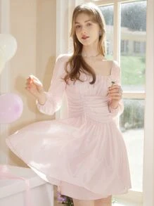 Ruched Bust Lantern Sleeve Dress - Baby Pink - View 5