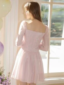 Ruched Bust Lantern Sleeve Dress - Baby Pink - View 3
