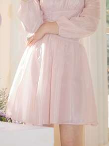 Ruched Bust Lantern Sleeve Dress - Baby Pink - View 4