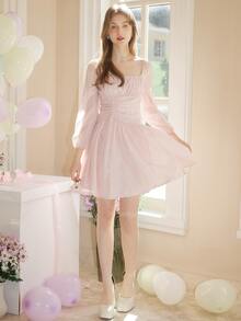 Ruched Bust Lantern Sleeve Dress - Baby Pink - View 6