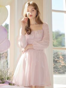 Ruched Bust Lantern Sleeve Dress - Baby Pink - View 7