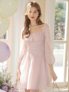 Ruched Bust Lantern Sleeve Dress - Baby Pink - View 9