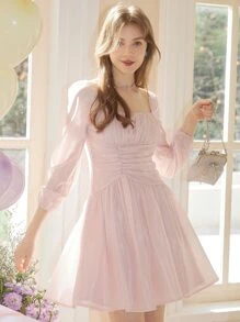 Ruched Bust Lantern Sleeve Dress - Baby Pink - View 2