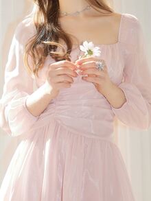 Ruched Bust Lantern Sleeve Dress - Baby Pink - View 8