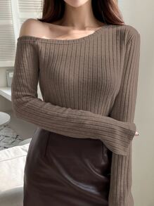 DAZY Asymmetrical Neck Split Sleeve Ribbed Knit Tee - Coffee Brown - View 4