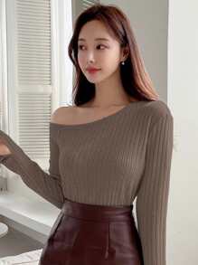 DAZY Asymmetrical Neck Split Sleeve Ribbed Knit Tee - Coffee Brown - View 5
