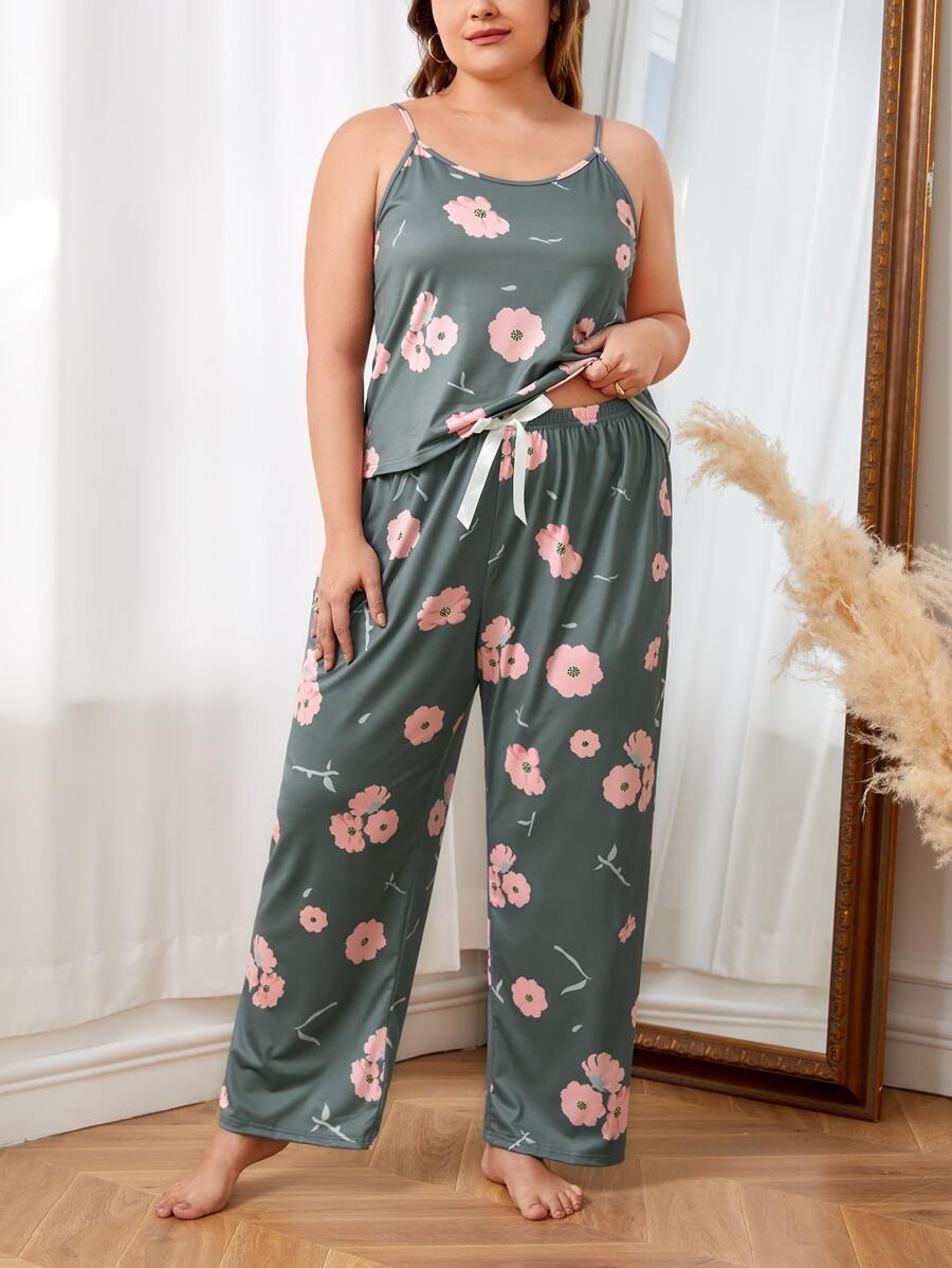 Conjunto de pijama con estampado floral con lazo delantero - Verde militar - Ver 1