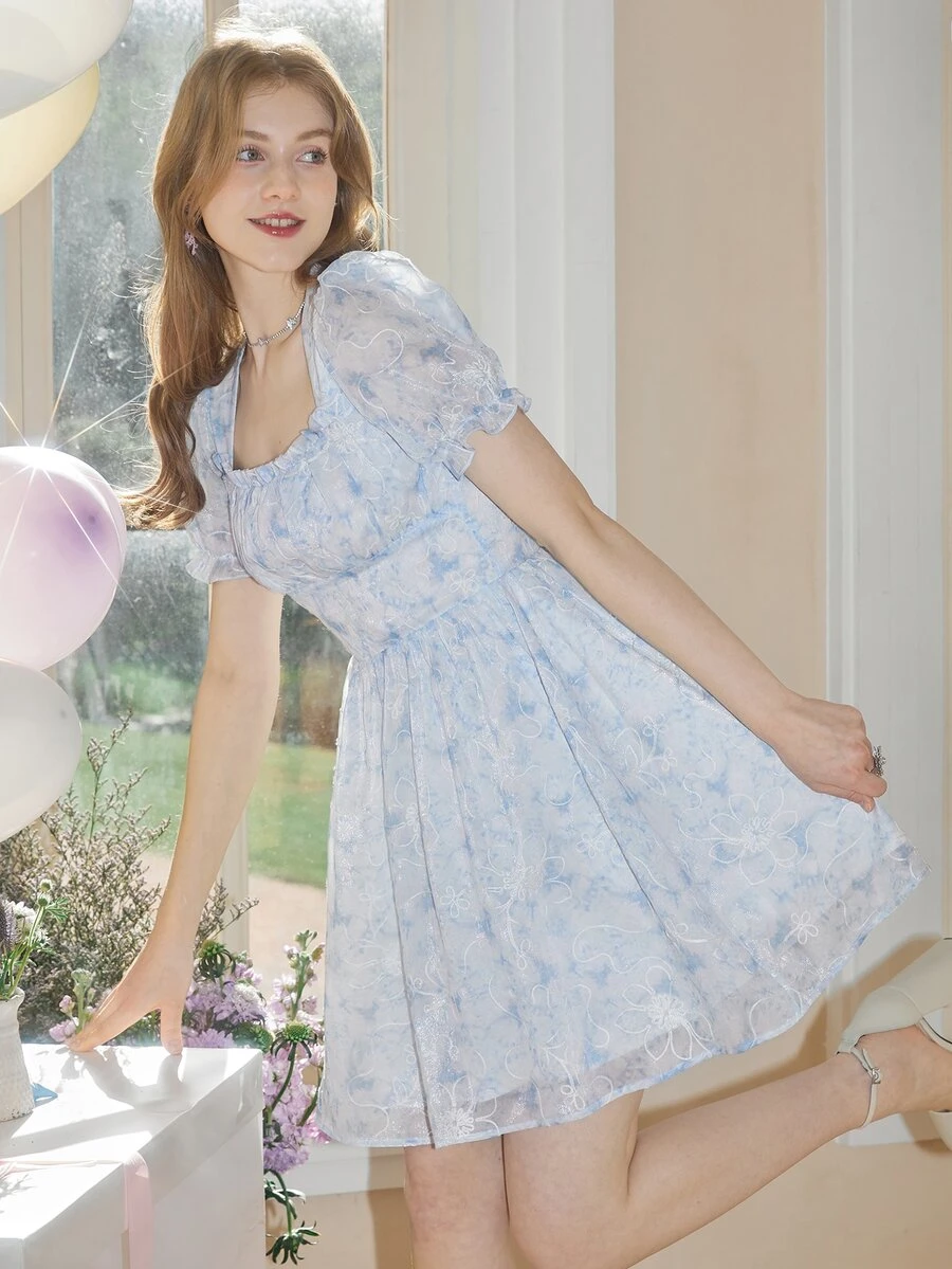 Đầm viền lá sen Dây kéo Cà vạt nhuộm Boho - Xanh và trắng - Xem 1