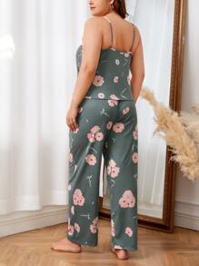 Conjunto de pijama con estampado floral con lazo delantero - Verde militar - Ver 2