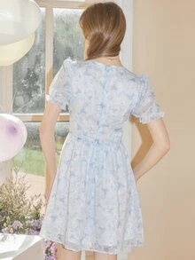 Đầm viền lá sen Dây kéo Cà vạt nhuộm Boho - Xanh và trắng - Xem 2