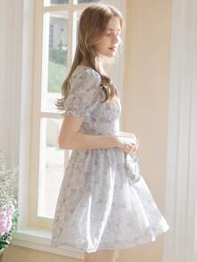 Đầm viền lá sen Dây kéo Cà vạt nhuộm Boho - Xanh và trắng - Xem 3