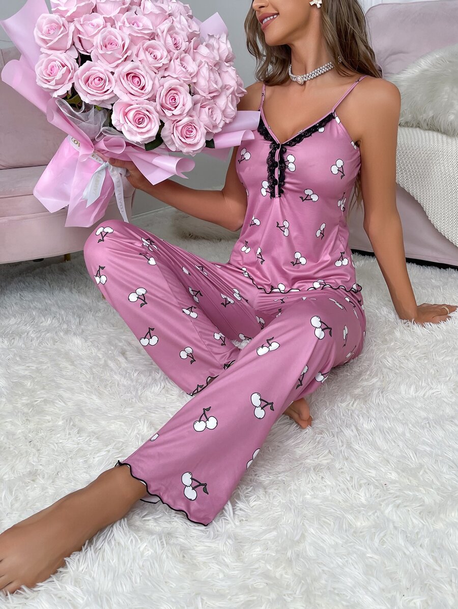 Cherry Print Lace Trim Bow Front Lettuce Trim PJ Set - Purple - View 1