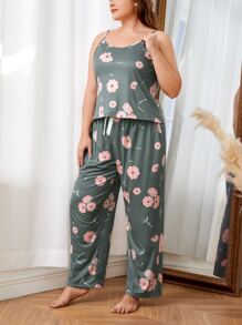 Conjunto de pijama con estampado floral con lazo delantero - Verde militar - Ver 4