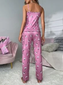 Cherry Print Lace Trim Bow Front Lettuce Trim PJ Set - Purple - View 2