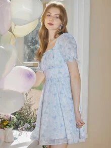 Đầm viền lá sen Dây kéo Cà vạt nhuộm Boho - Xanh và trắng - Xem 5