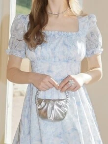 Đầm viền lá sen Dây kéo Cà vạt nhuộm Boho - Xanh và trắng - Xem 6