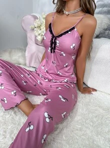 Cherry Print Lace Trim Bow Front Lettuce Trim PJ Set - Purple - View 4