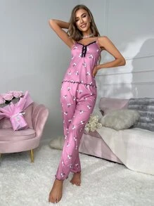 Cherry Print Lace Trim Bow Front Lettuce Trim PJ Set - Purple - View 5