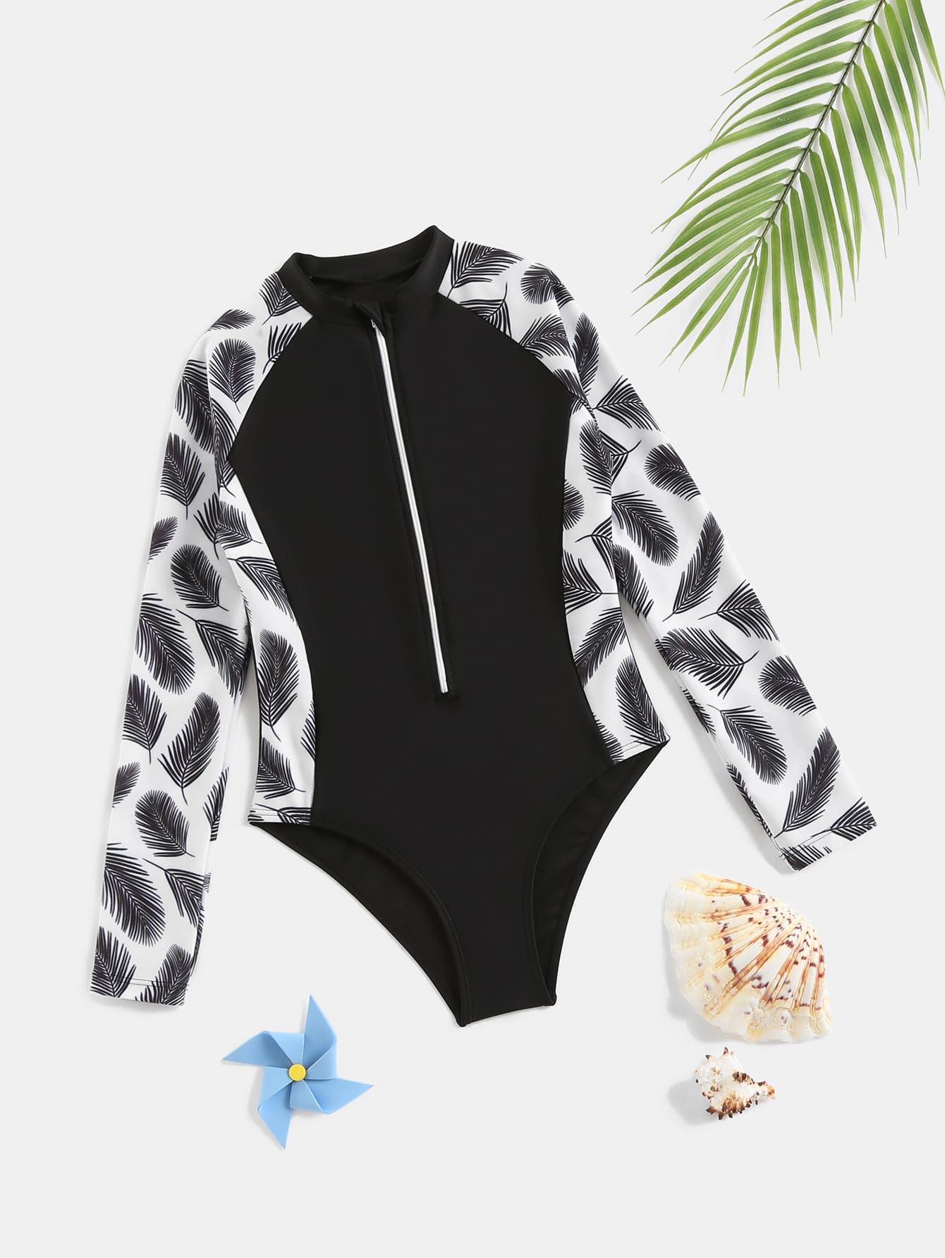 Chicas Bañador una pieza con estampado de hoja con cremallera delantera - Blanco y Negro - Ver 1