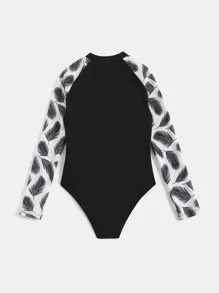 Chicas Bañador una pieza con estampado de hoja con cremallera delantera - Blanco y Negro - Ver 2