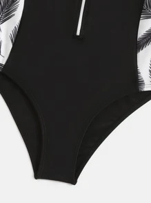 Chicas Bañador una pieza con estampado de hoja con cremallera delantera - Blanco y Negro - Ver 3