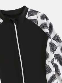 Chicas Bañador una pieza con estampado de hoja con cremallera delantera - Blanco y Negro - Ver 4