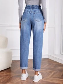 SHEIN Tall 紙袋腰卷邊媽媽牛仔褲 - 中等水洗藍 - 查看 2