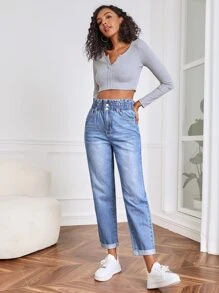 SHEIN Tall 紙袋腰卷邊媽媽牛仔褲 - 中等水洗藍 - 查看 3