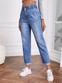 SHEIN Tall 紙袋腰卷邊媽媽牛仔褲 - 中等水洗藍 - 查看 5