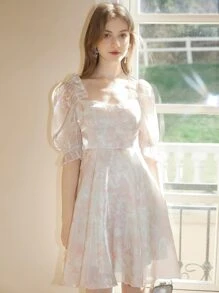 Jacquard Square Neck Puff Sleeve Dress - Multicolor - View 1