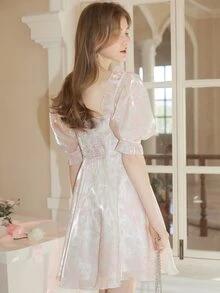 Jacquard Square Neck Puff Sleeve Dress - Multicolor - View 2