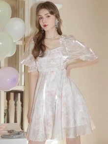 Jacquard Square Neck Puff Sleeve Dress - Multicolor - View 3