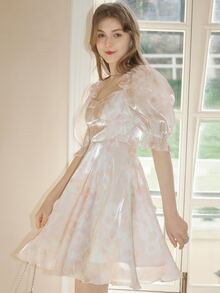 Jacquard Square Neck Puff Sleeve Dress - Multicolor - View 5