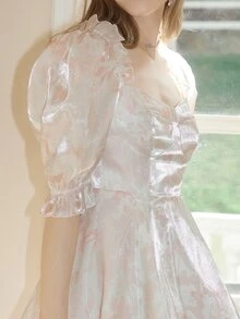 Jacquard Square Neck Puff Sleeve Dress - Multicolor - View 8