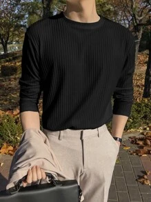 DAZY Men Solid Ribbed Knit Tee Long Sleeve Men Shirt - Black - View 1