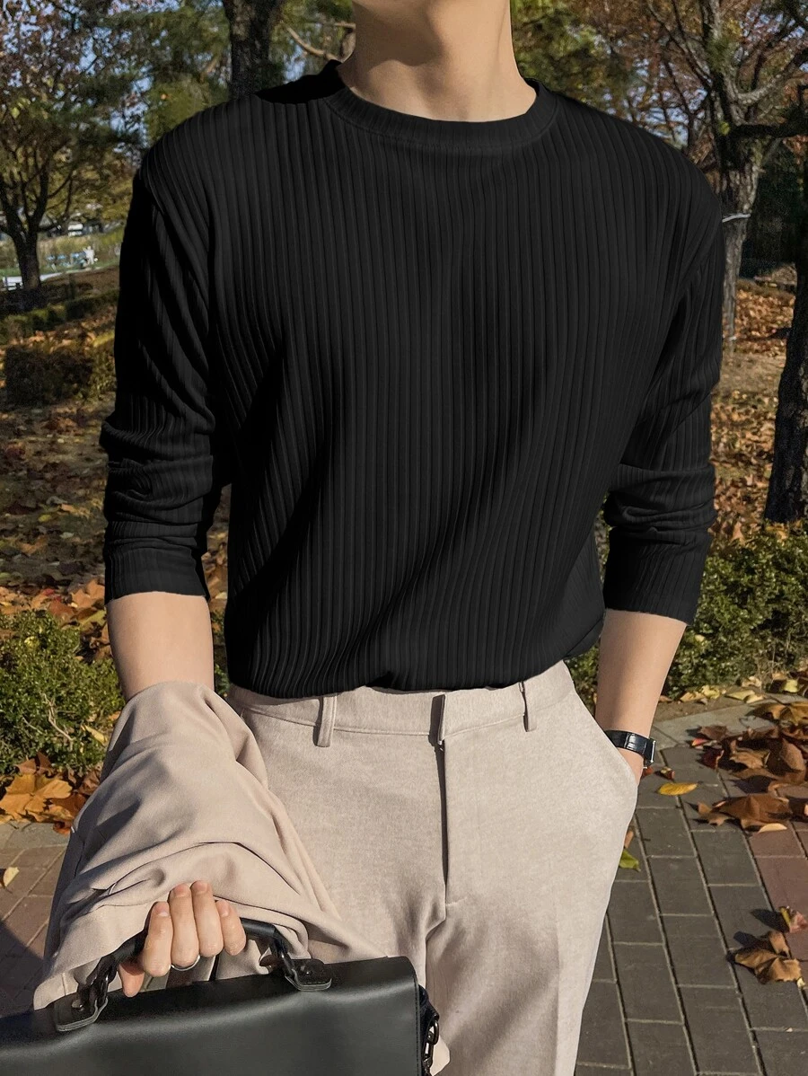DAZY Men Solid Ribbed Knit Tee Long Sleeve Men Shirt - Black - View 1