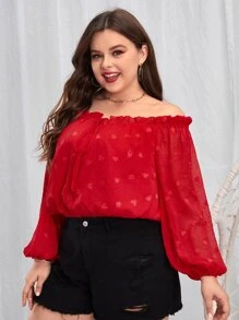 SHEIN VCAY Plus Heart Pattern Off Shoulder Lantern Sleeve Frill Trim Knot Front Blouse - Red - View 6