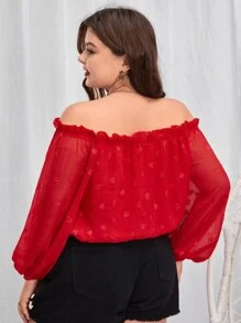 SHEIN VCAY Plus Heart Pattern Off Shoulder Lantern Sleeve Frill Trim Knot Front Blouse - Red - View 2